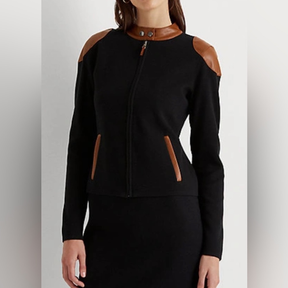 NEW RALPH LAUREN Cotton-blend Zip-up Moto Jacket In Polo Black/ Cuoio - Picture 1 of 14